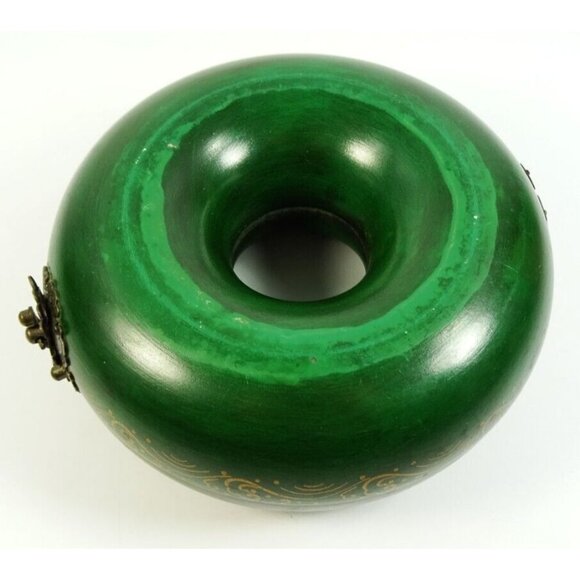 Vintage Asian Round Donut Necklace Jewelry Trinket Box Green Dragons Hinged - Picture 10 of 11